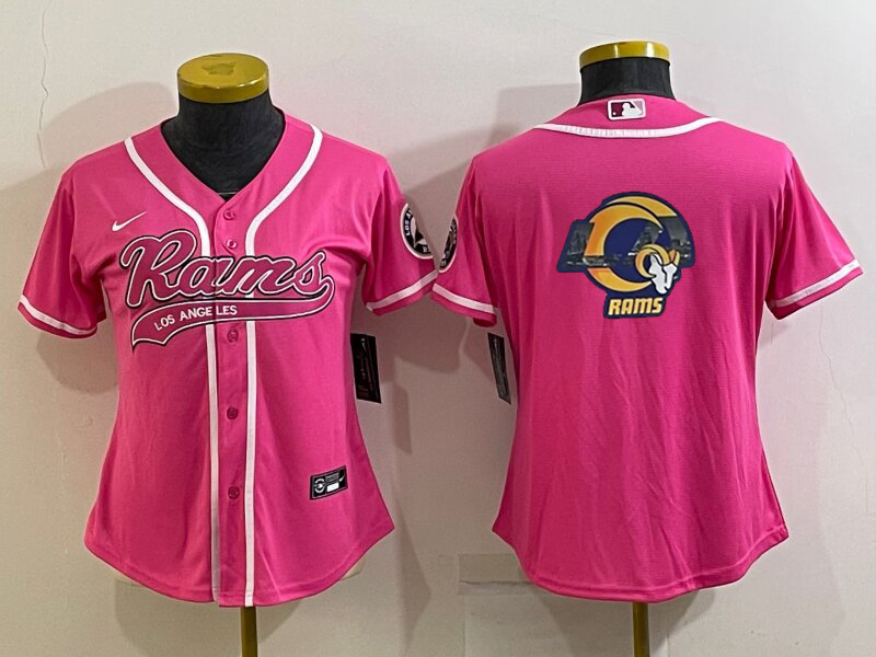 Women's Los Angeles Rams Pink Team Big Logo With Patch Cool Base Stitched Baseball Jersey(Run Small)